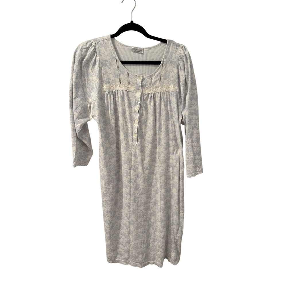 Soft Moments Nightgown Womens Medium Blue White‎ Floral Toile Lace Trim Vintage